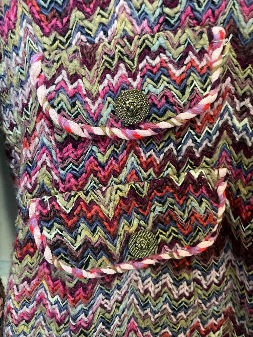 Vintage 1960s Pink Multicolor Flame Chevron Tweed Skirt Suit Set